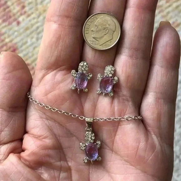 Pink & Blue Crystal Stainless Steel Turtle Tortoise Necklace Earring Set NWT - Picture 2 of 4